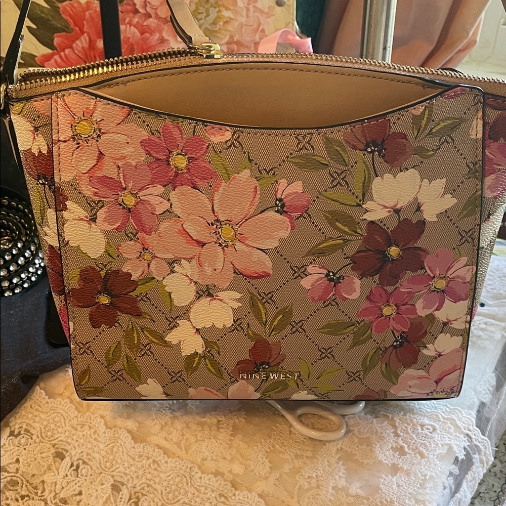 Nine West Pink Floral Crossbody Bag with Gold Accents